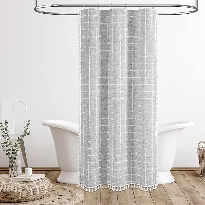 BTTN Boho Shower Stall Curtain - 36x72 Narrow Linen Ultra Thick Tassel Fabric Shower Curtain Set with 6 Plastic Hooks, Half Modern Farmhouse Country Weighted Shower Curtains for Bathroom - Gray/Grey