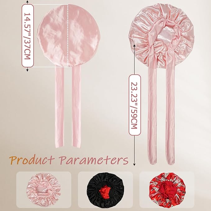 Silk Bonnet for Sleeping Women Satin Hair Cap with Tie Brand Curly Hair Sleep Protection Silk Head Wrap Double Layer - Pink