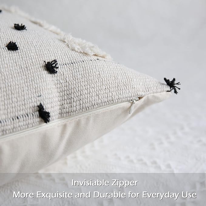 LIGICKY Boho Black and Beige Off White Throw Pillow Covers with Tassels Decorative Woven Plush Soft Tufted Square Pillow Case Modern Farmhouse Textured Cushion Cover for Couch Sofa Bed, 18x18 Inch