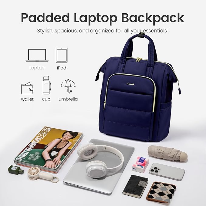 LOVEVOOK Laptop Backpack Women 15.6 inch,Lightweight Puffer Travel Backpacks for Women,Quilted Laptop Bag Computer Work Teacher Nurse Backpack,Womens Backpack Purse for College Business,Dark Blue