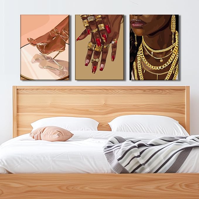 YFvrPt Black Woman Wall Art African American Women Wall Decor Set of 3 Trendy Abstract Black Girl Canvas Poster Prints Aesthetic Pictures for Bedroom Living Room Framed 16x24 inch