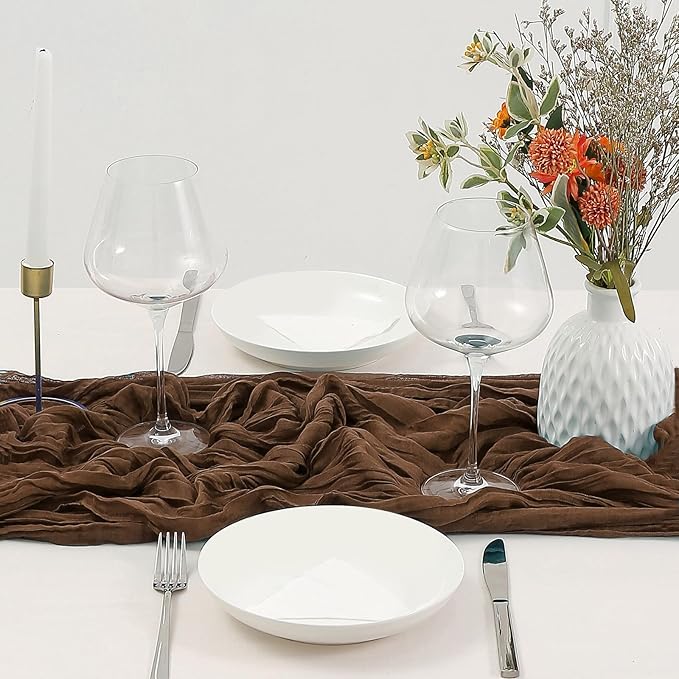 DOLOPL 3 Pieces Brown Cheese Cloth Table Runners 10ft Boho Cheesecloth Table Runner Gauze Boho Table Runner Rustic Sheer Table Runner 120inch Long for Baby Shower Winter Wedding Bridal Party Table