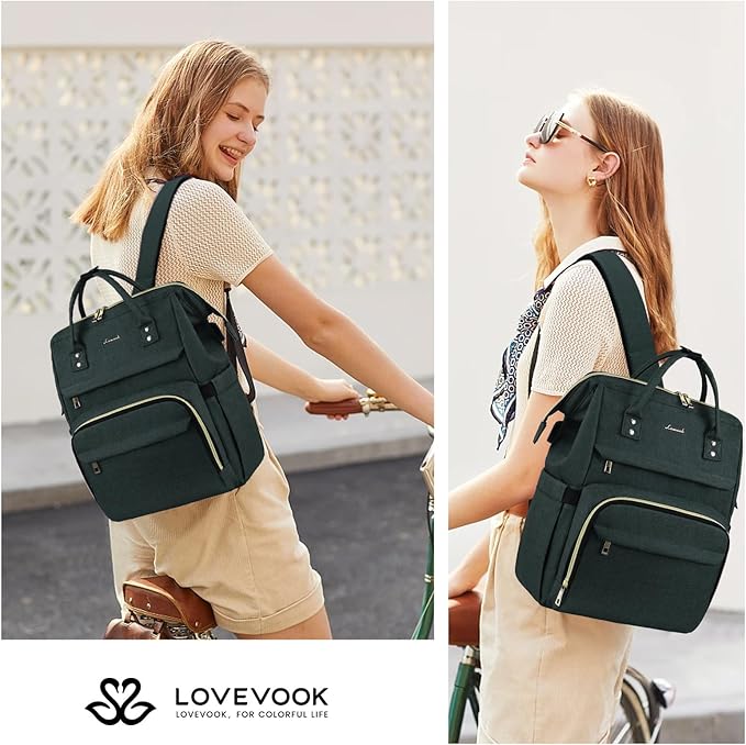 LOVEVOOK Laptop Backpack for Women,17 Inch Professional Womens Travel Backpack Purse Computer Laptop Bag Nurse Teacher Backpack,Waterproof Work Bags Carry on Back Pack with USB Port,Dark Green