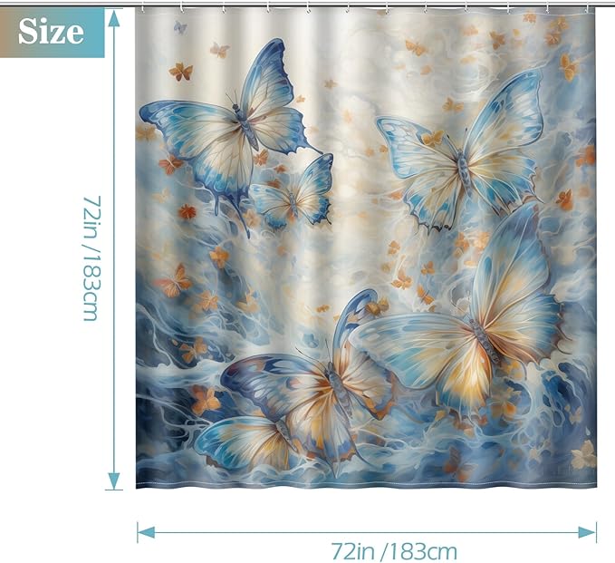 Aimego Butterfly Shower Curtains for Bathroom -Blue Burnt Orange Butterflies Watercolor Oil Painting Spring Summer Bathroom Decor Fabric Cloth Shower Curtain Set with 12 Hooks, 72"x72"