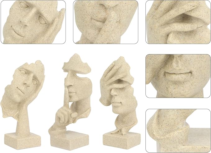 3 Pcs Thinker Statue, Silence is Gold Abstract Art Figurine, No Hear No See No Speak Modern Home Resin Sculptures Decorative Objects Decor for Home Office Bookshelf Desktop(Sandstone)