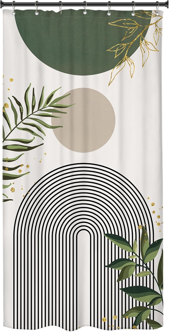 Small Stall RV Shower Curtain 36Wx72H Half Single Green Modern Boho Mid Century Abstract Gold Leave Grey Plant Bathroom Decor Minimalist Arch Aesthetic Bath Curtain Polyester 7 Pack Hooks