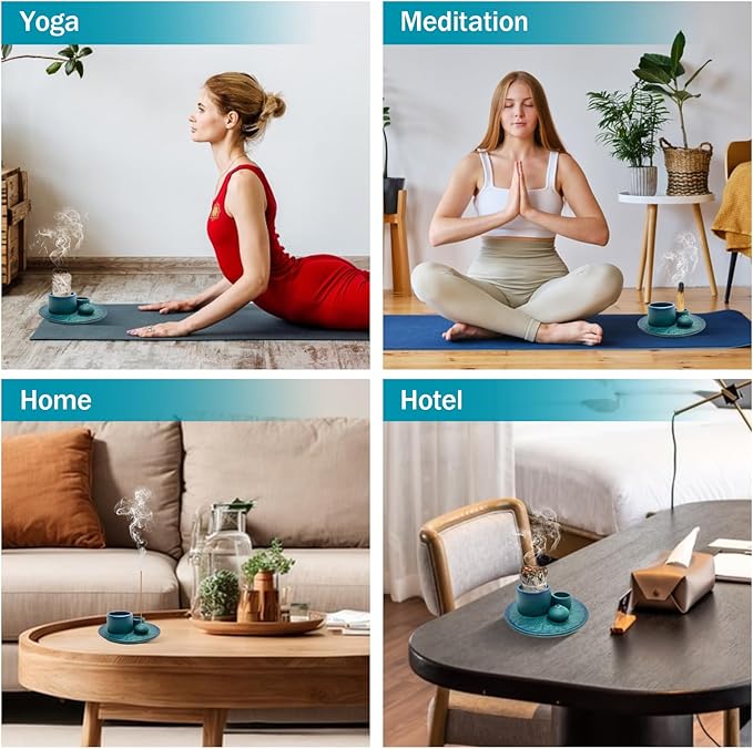 Palo Santo Holder - 4 in 1 Incense & Candle Holder - Ceramic Incense Holder Ash Catcher Tray for Meditation Room - Easy to Clean (Blue)