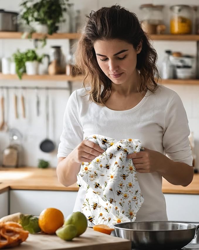 Microfiber Kitchen Towels - Set of 2 Dish Towels for Kitchen 18 x 26 Inch Home Decoration White Flower Bee Cute Spring Hand Towels Soft & Absorbent Aesthetic Design