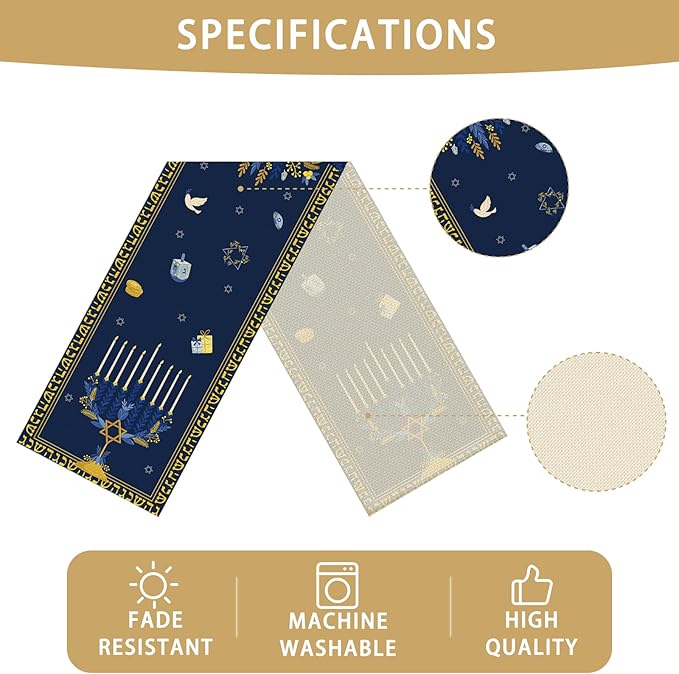 Hanukkah Burlap Table Runner Seasonal Kitchen Dining Linen Table Decoration for Indoor Outdoor Home Party Dinner 13x72 Inch