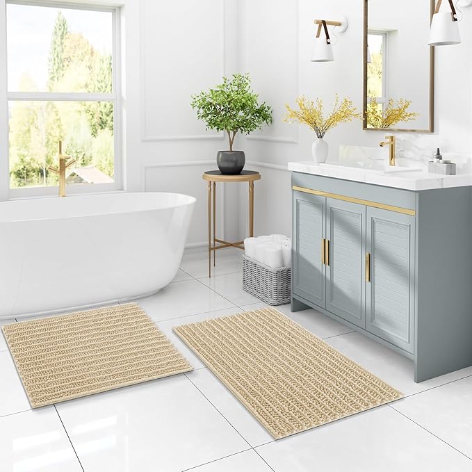 Arotive Luxury Chenille Bathroom Rug Mat, Extra Soft Thick Absorbent Shaggy Bath Rugs, Non-Slip Machine Wash Dry, Plush Bath Mats for Bathroom, Shower and Tub, 36x24, Cream Beige