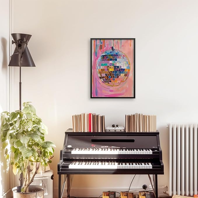 Retro Pink Disco Ball Posters Cool Y2k Aesthetic Canvas Wall Art 24x36 inch Black Framed Fashion Pink and Orange Disco Ball Painting Prints for Girly Wall Decor