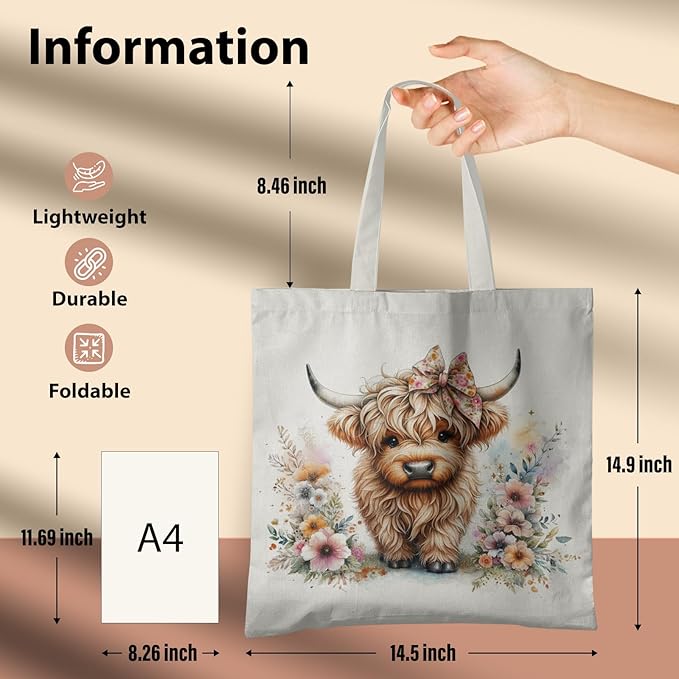 Western Highland Cow Canvas Tote Bag - Highland Cow Lover Gifts,Canvas Shoulder Bag for Women for Girls