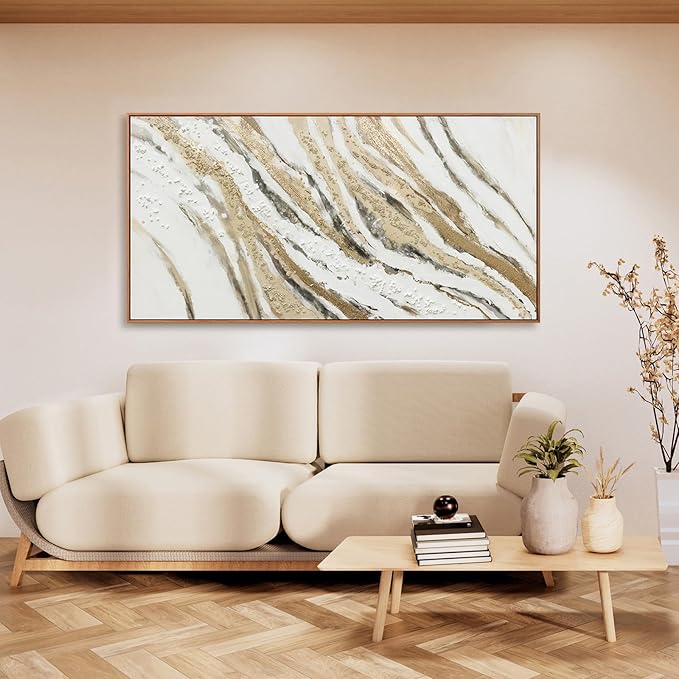 Abstract Canvas Wall Art Large Size Modern Art Paintings Abstract Painting With Golden And White Lines Minimalist Artwork Decor For Living Room Bedroom Corridor Framed 29" X 58"