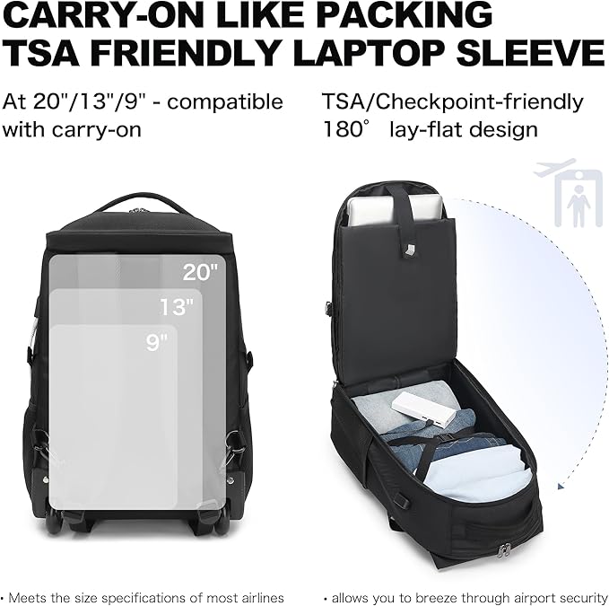 Boavan Rolling Backpack,17 inch Water Resistant Wheeled Backpack,Carry on Luggage Business Bag, Overnight College Computer bag Trolley Suitcase for Men Women Adults to Travel,Black&Orange