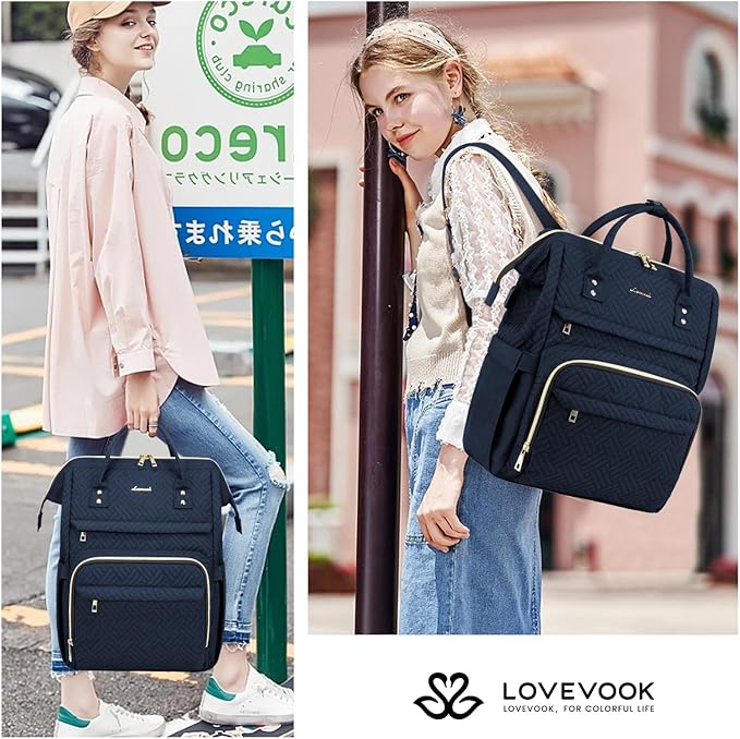 LOVEVOOK Laptop Backpack for Women,15.6 Inch Professional Womens Travel Backpack Purse Computer Laptop Bag Nurse Teacher Backpack,Waterproof Work Bags Carry on Back Pack with USB Port,Dark Blue Plait