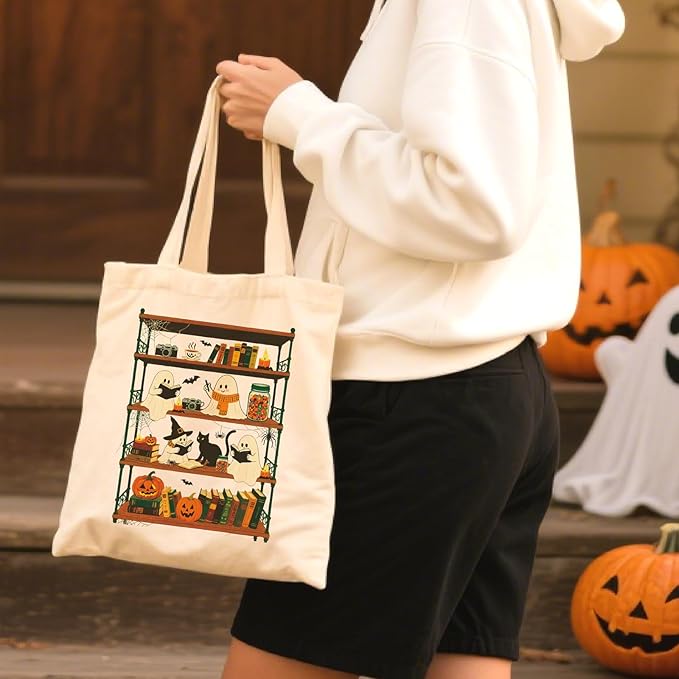 Halloween Canvas Tote Bag Vintage Ghost Canvas Bag Cute Funny Trick Or Treat Reusable Cotton Bag Shopping Tote Handbag For Women Holiday Grocery Beach Handbag With Shoulder