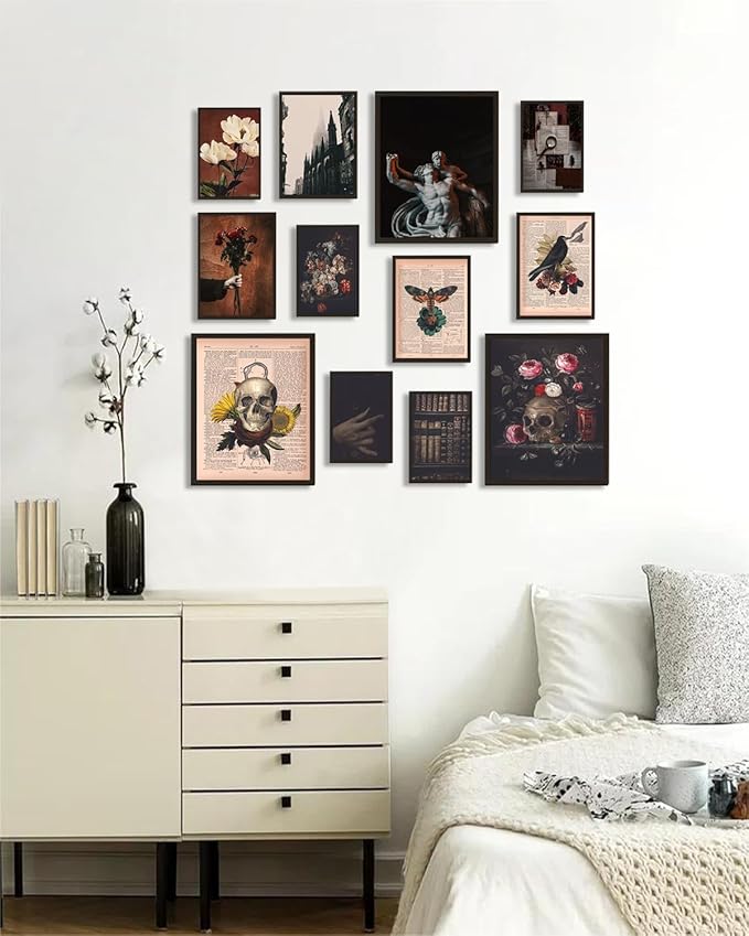ASTRDECOR Dark Academia Decor Set - Vintage Newspapers Canvas Wall Art Prints Posters for Room Aesthetic, Spooky Gothic Home Decor for Halloween decor, Skull Witch Decor for Dark Bedroom Set of 12【Unframed】