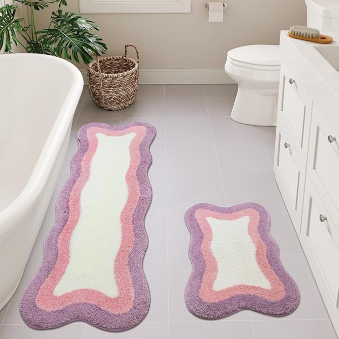 HAOCOO Luxury Soft Scalloped Runner Rug, 24x59 Inch Irregular Shape Non-Slip Bathmat, Microfiber Absorbent Washable Rugs for Bathroom Floor Bedside Sink Tub Shower