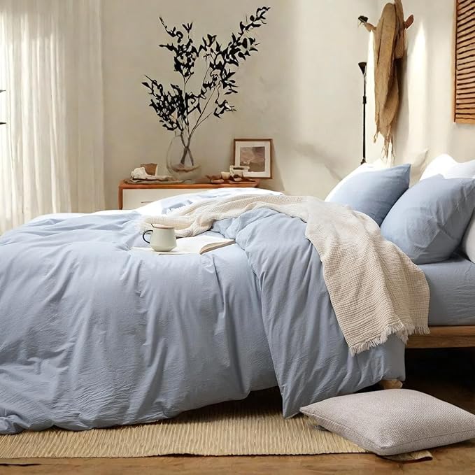 FOSSA Duvet Cover Set 100% Washed Cotton Linen Feel Super Soft Breathable Cozy 3 Pieces Bedding Sets Solid Cornflower Blue Full