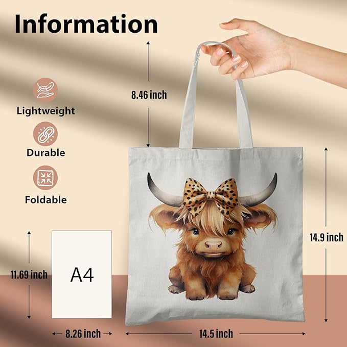 Western Highland Cow Canvas Tote Bag - Highland Cow Lover Gifts,Canvas Shoulder Bag for Women for Girls