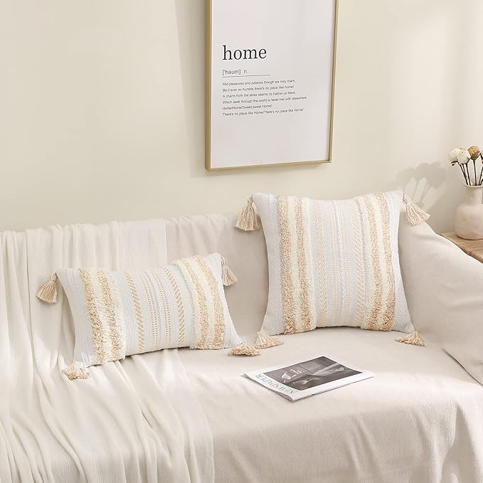 decorUhome Decorative Boho Throw Pillow Cover 20x20, Accent Neutral Textured Tufted Pillow Cover Striped for Couch Bed Sofa, Khaki and Cream White, Pack of 1