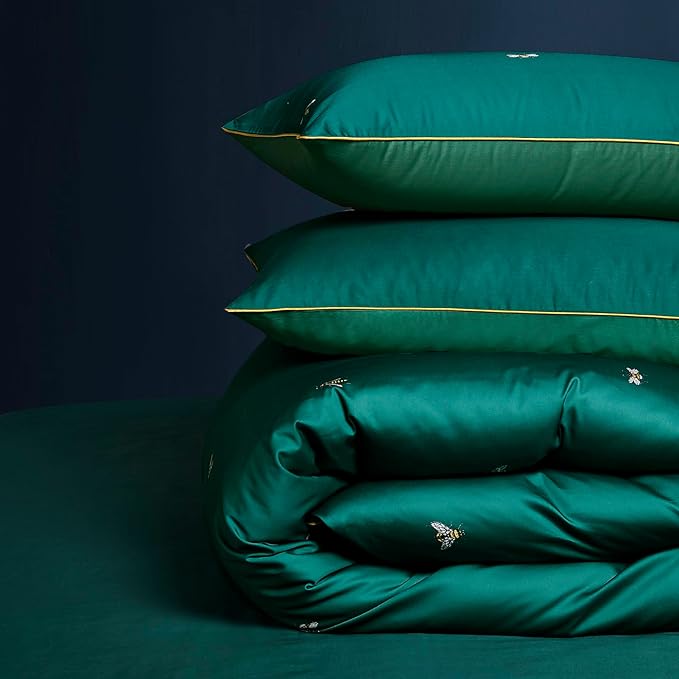 mixinni Dark Green Duvet Cover Twin XL Size, 100% Long Staple Cotton Honeybee Floral Pattern 3pc Bedding Duvet Cover Set with Zipper Ties 2 Pillowcases Perfect for Him and Her-Twin XL Size