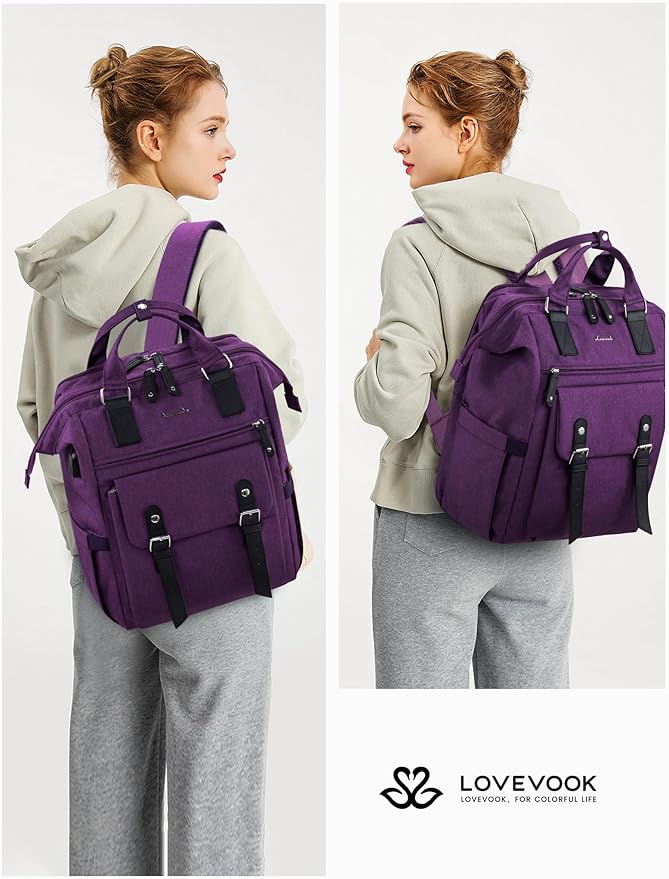 LOVEVOOK Laptop Backpack for Women, Nurse Bag Teacher Work Backpack Purse, Water Resistant Travel Backpack with Separate Laptop Compartment, College Back pack, 15.6 Inch - Purple, Upgraded