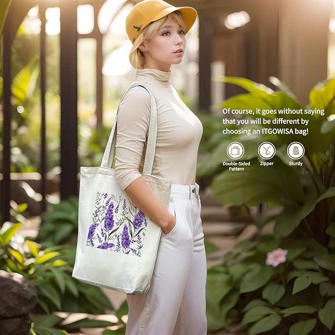 Tote Bag for Women, Reusable Zippered Canvas Bag with Handles Pocket Thick Canvas, for Grocery Shopping Beach Gift