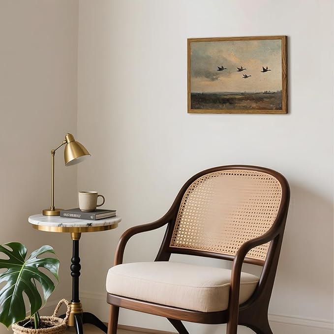 Vintage Flying Duck Wall Art, Rustic Landscape Wall Decor Retro Bird Painting Nature Wilderness 3D Textured Hand Drawn Sandstone Artwork Aesthetics for Bedroom Living Room 12x16 inch Wood Framed