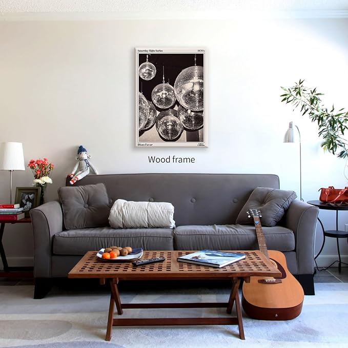 70s Disco Ball Newspaper Wall Art Vintage Black and White Art Posters 12x16 inch Framed Funky Aesthetic Canvas Prints Retro Bar Cart Decor for Bar Bedroom