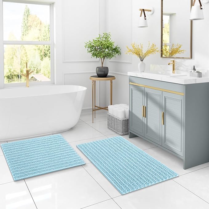 Arotive Luxury Chenille Bathroom Rug Mat, Extra Soft Thick Absorbent Shaggy Bath Rugs, Non-Slip Machine Wash Dry, Plush Bath Mats for Bathroom, Shower and Tub, 24x16, Blue