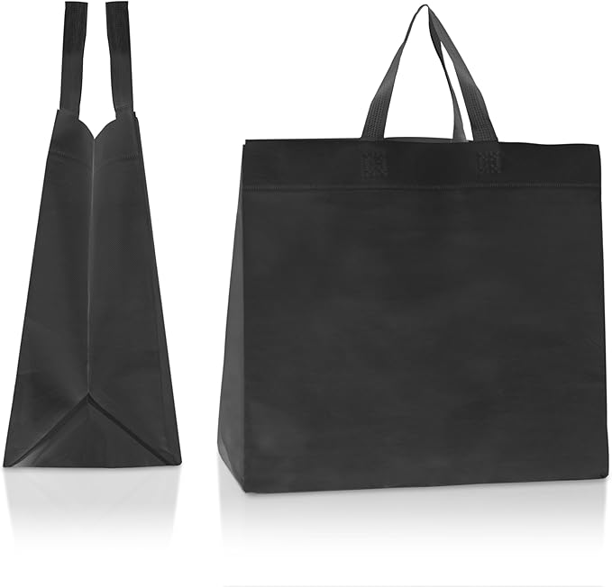 Simply Cool 50 Pack Black Reusable Eco-Friendly Grocery Shopping Bags 12.6"x6.3"x11.8" Durable, Recyclable Shopping Bags Washable, Foldable, Portable Tote Bags Bulk