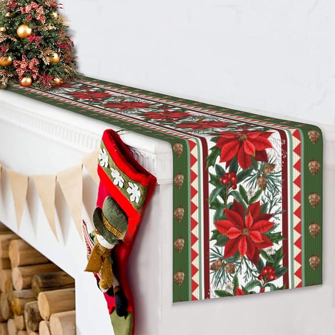 Christmas Flower Table Runner Burlap Kitchen Dining Linen Table Decoration for Indoor Outdoor Home Party Dinner 13x72 Inch