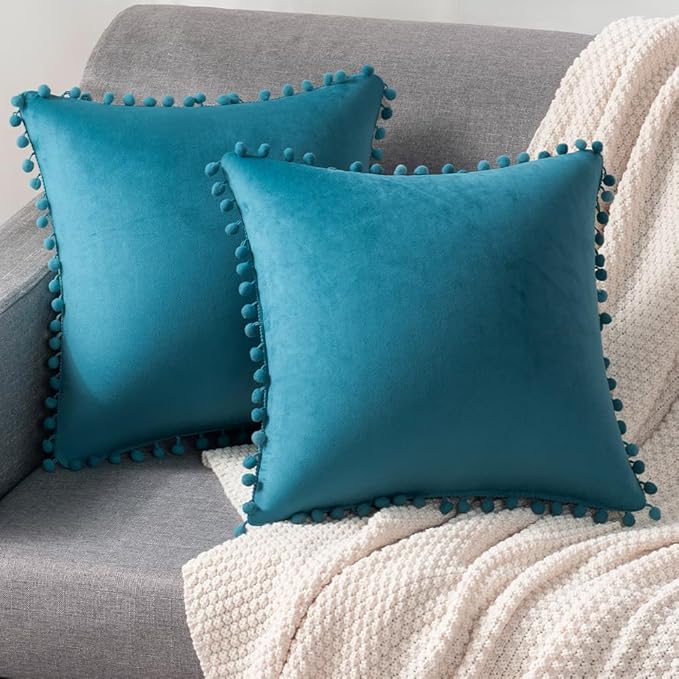 DEZENE Throw Pillow Cases 16x16 Turquoise: 2 Pack Cozy Soft Pom-poms Velvet Square Decorative Pillow Covers for Farmhouse Home Decor