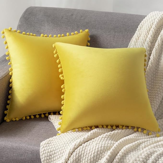 DEZENE Couch Pillow Covers 20x20 Yellow: 2 Pack Cozy Soft Pom-poms Velvet Square Throw Pillow Cases for Farmhouse Home Decor