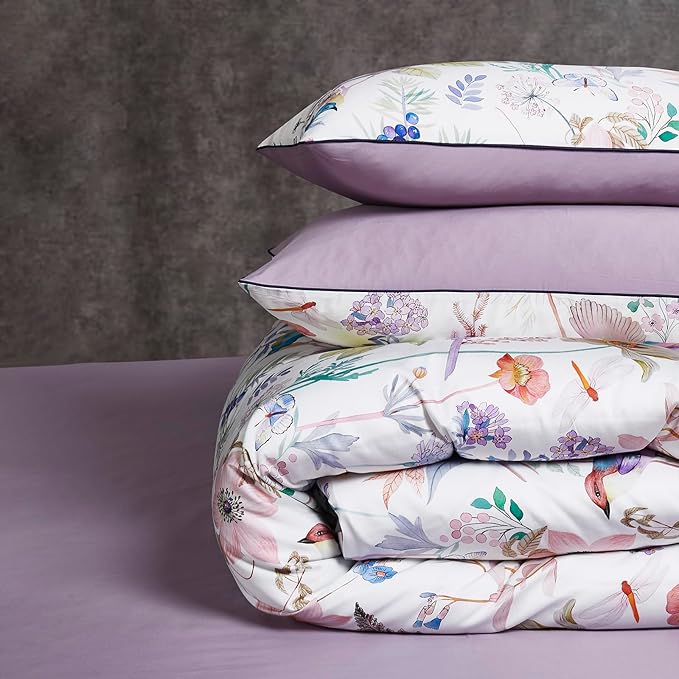 mixinni King Size Duvet Cover Purple Flowers Bird Bedding Sets Shabby Chic Boho Long-Staple Cotton Duvet Cover Set with Zipper Ties 1 Duvet Cover+2 Pillowcases, Ultra Soft, Breathable-King Size
