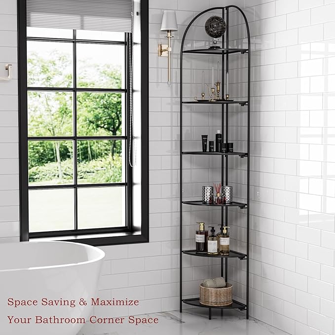 Crofy Foldable 6 Tier Corner Shelf, Metal Corner Plant Stand with Black Frame and Black Shelves, Corner Display Rack Multipurpose Shelving Unit for Living Room, Bedroom, Bathroom