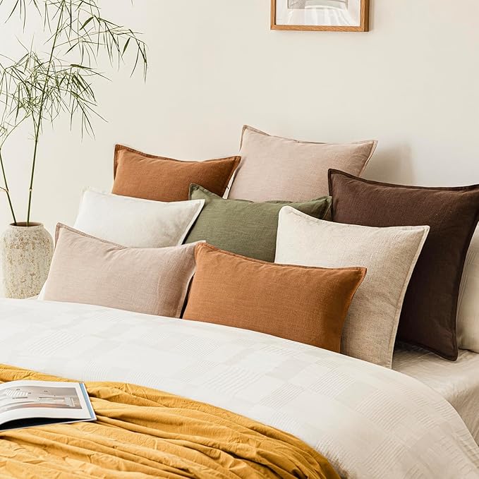 Foindtower Pack of 2, Decorative Linen Soild Throw Pillow Covers Soft Accent Cushion Case Farmhouse Neutral Pillowcase for Chair Couch Sofa Bedroom Living Room Home Decor 22 x 22 Inch Tan Beige