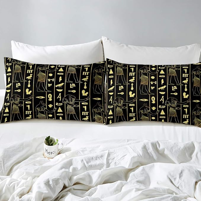 Feelyou Ancient Egypt Comforter Cover Set Egyptian Symbol Duvet Cover Vintage Pharaoh Pyramid Bedding Set Boho Tribal Quilt Cover 2 Pillowcases King Size