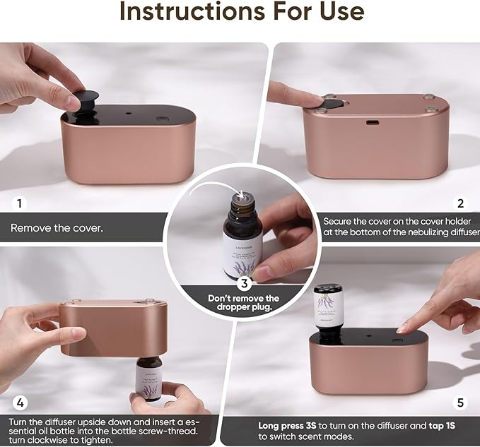 Waterless Diffuser for Essential Oil, Battery Operated Scent Air Aromatherapy Diffuser, Mini Aroma Diffusers with 3 Intermittent Mist Modes, Cycle Start for Home Office Bedroom - Rose Gold