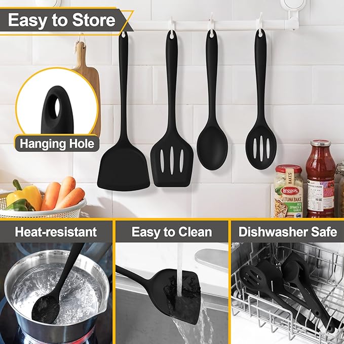 P&P CHEF Kitchen Utensil Set, 4 Pieces Non-stick Silicone Cooking Utensils, Heat-resistant Slotted Solid Spoon Turner for Frying, Mixing, Serving, Non-toxic & Easy to Clean, Black