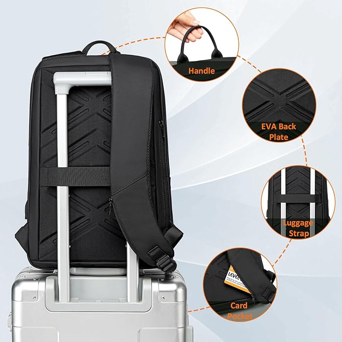 FENRUIEN Slim Laptop Backpack for Men, Water Resistant Light Weight Backpack with USB Charging Port, Black Laptop Bag 15.6 Inch