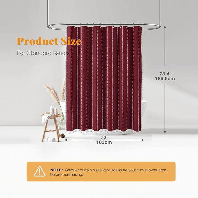 BTTN Boho Shower Curtain, Bohemian Linen Fabric Heavy Duty Striped Shower Curtain Set with Tassel, Water Repellent, Farmhouse Vintage Aesthetic Shower Curtains for Bathroom with Hooks, 72x72, Burgundy
