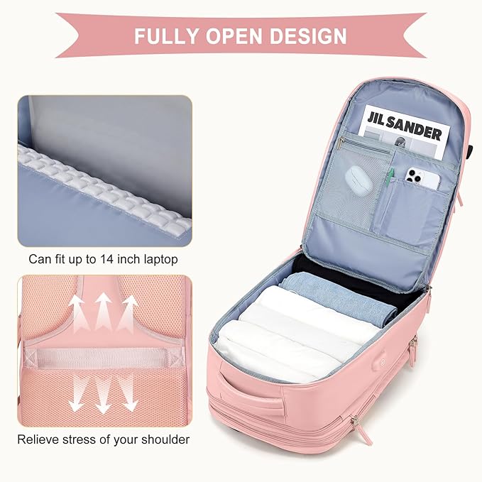 coowoz Large Travel Backpack For Women Men, Carry On Backpack,Hiking Backpack Waterproof Outdoor Sports Rucksack Casual Daypack Expandable Heavy Duty Extra large Backpack Pink Expansion