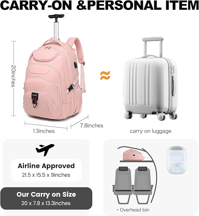Boavan Rolling Backpack for Women, 17.3 Inch Wheeled Laptop Backpack,Large Travel Carry-On Bag for Teachers College Students, USB Charging Port Waterproof Business for Airplane Overnight Luggage,Pink