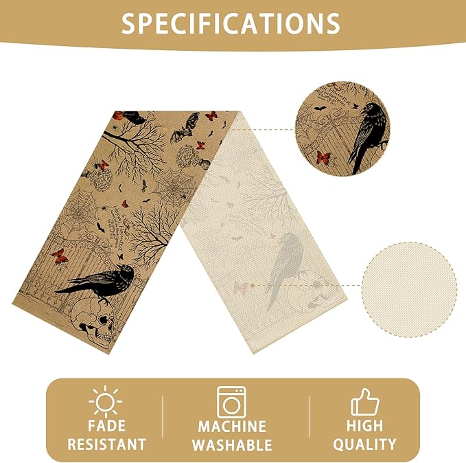 Halloween Haunted Burlap Table Runner Seasonal Spring Fall Kitchen Dining Linen Table Decoration for Indoor Outdoor Home Party Dinner 13x72 Inch