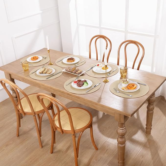 SHACOS 15 inch Round Braided Placemats Set of 6 Non Slip Heat Resistant Round Table Mats Fabric Place Mats for Dinner Party Table Decoration (Light Beige, 6)