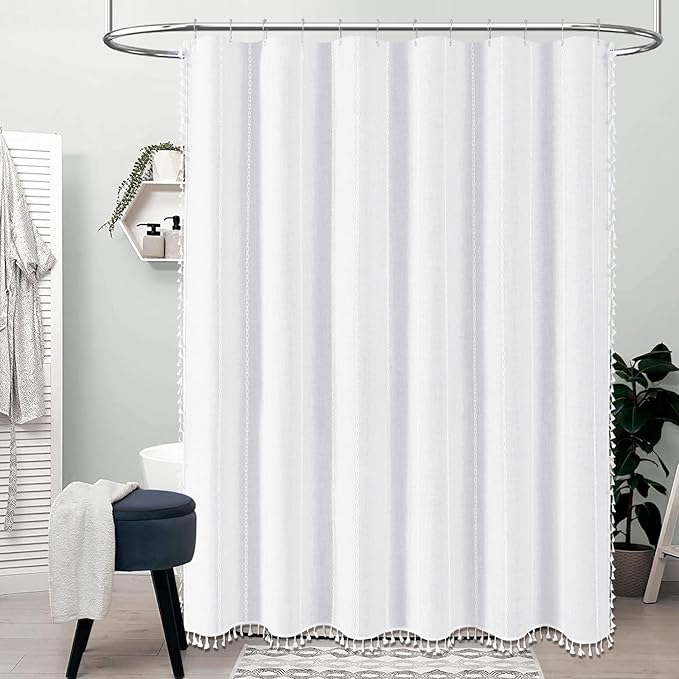 BTTN Stall Shower Curtain - 60x84 Long Boho Farmhouse Linen Fabric Tassel Shower Curtain Set with 10 Plastic Hooks, Narrow Bohemian Rustic Thick Decorative Cloth Shower Curtain for Bathroom - White