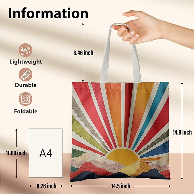 Boho Tote Bag Aesthetic, Minimalist Abstract Boho Terracotta Sun Sunshine Canvas Tote Bag for Women