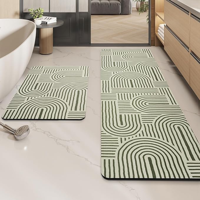 MontVoo -Bath Mat-Non Slip Thin Bathroom Rugs Fit Under Door- Quick Dry Absorbent Faux Suede Surface Grey Bathroom Floor Mats-Shower Rug for in Front of Bathtub Shower Ivory & Green Arched 16x24